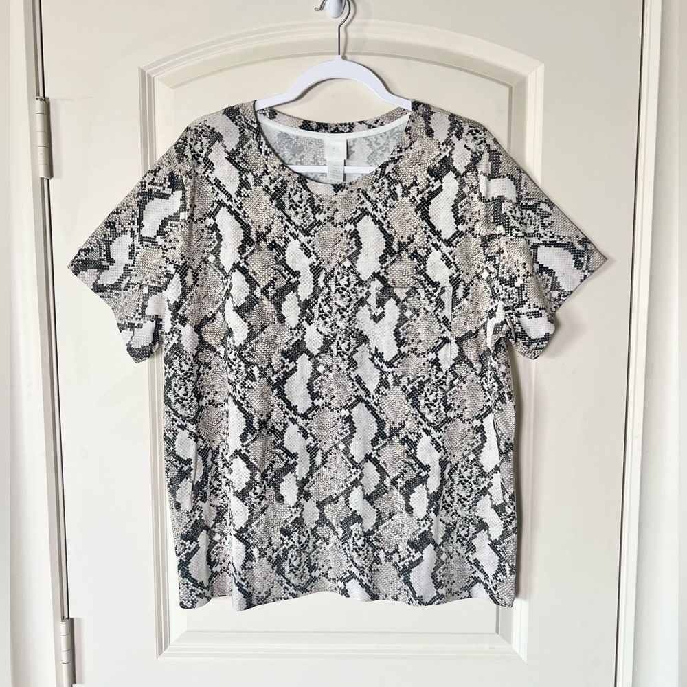 H&M Snakeskin Print Pocket Tee XL | Neutral Python Pattern Cotton T-Shirt